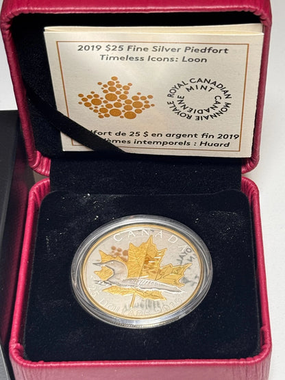 2019 Timeless Iconic Piedfort $25 1OZ Silver Proof Canada Coin: Maple Leaf Loon