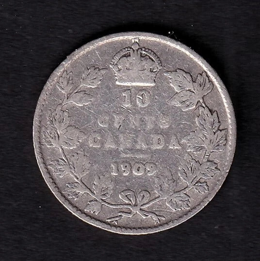 Canada 1909 10c Ten Cent Silver Coin King Edward VII .925 Silver Broad Leaves