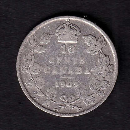 Canada 1909 10c Ten Cent Silver Coin King Edward VII .925 Silver Broad Leaves