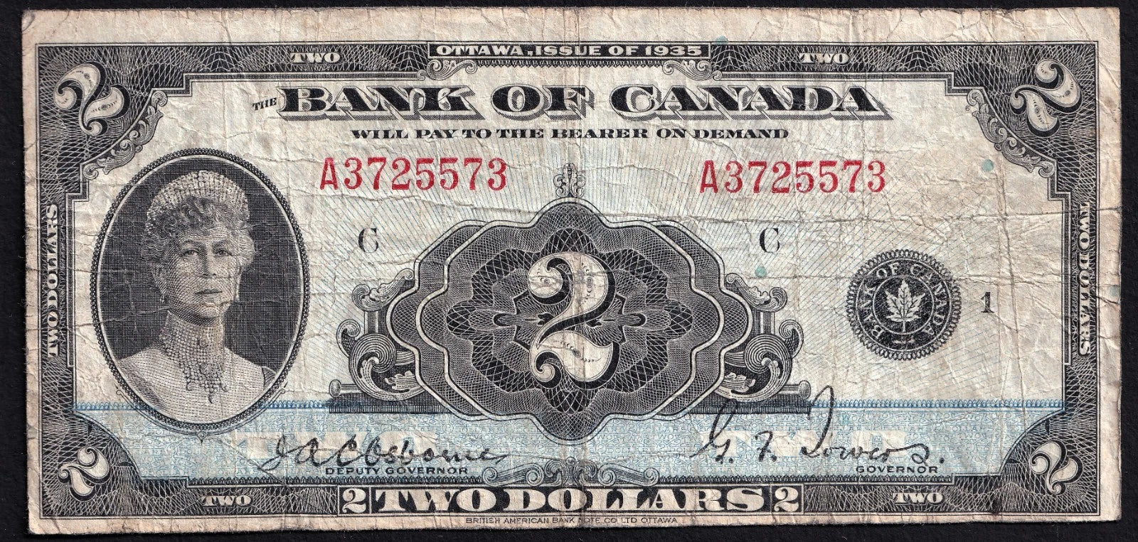 Canada 1935 $2 Two Dollar Banknote Osborne Towers English Note F - cscoinsnbanknotes