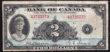 Canada 1935 $2 Two Dollar Banknote Osborne Towers English Note F - cscoinsnbanknotes