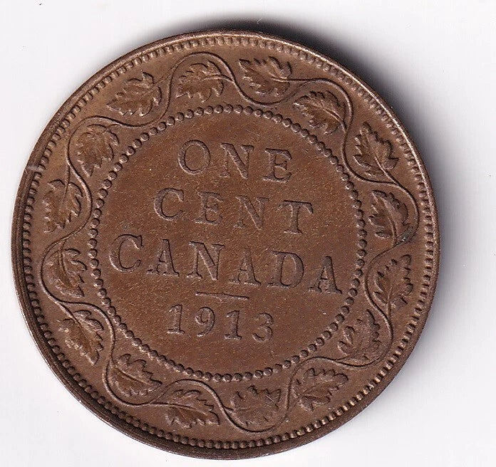 Canada 1913 1 Cent One Large Cent Coin King George V Almost Uncirculated - cscoinsnbanknotes