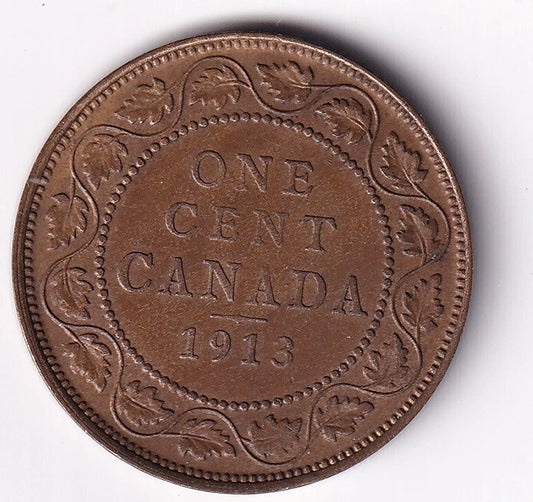Canada 1913 1 Cent One Large Cent Coin King George V Almost Uncirculated - cscoinsnbanknotes