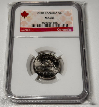 Canada 2010 5c Five Cent NGC MS68 Certified Coin Queen Elizabeth II Rare Top Pop