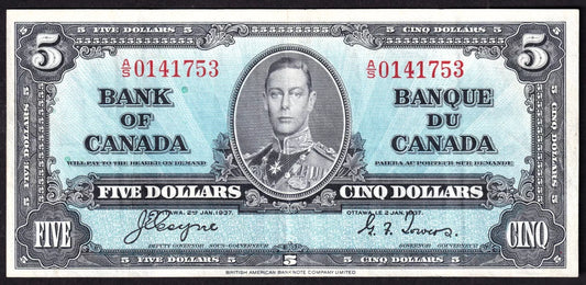 Canada 1937 $5 Five Dollar Banknote Coyne - Towers BC-23c Very Fine VF - cscoinsnbanknotes