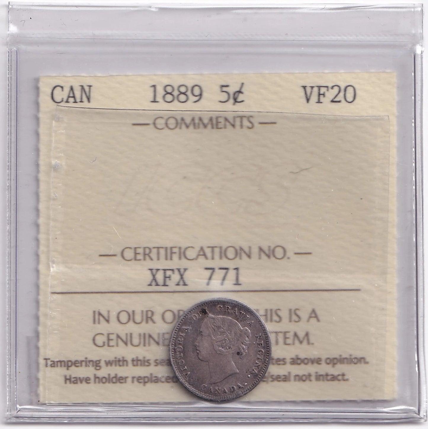 Canada 1889 Five Cent 5c Silver Coin ICCS Graded Very Fine VF 20 .925 Silver - cscoinsnbanknotes