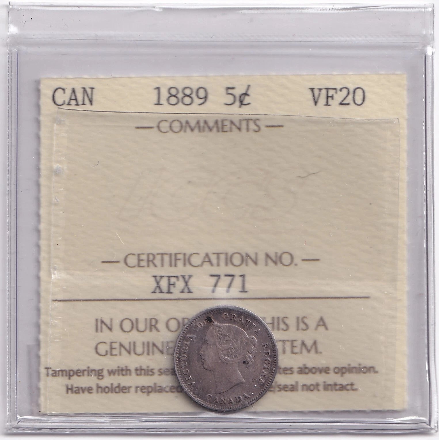 Canada 1889 Five Cent 5c Silver Coin ICCS Graded Very Fine VF 20 .925 Silver - cscoinsnbanknotes