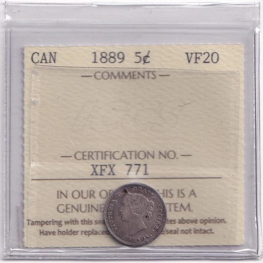 Canada 1889 Five Cent 5c Silver Coin ICCS Graded Very Fine VF 20 .925 Silver - cscoinsnbanknotes