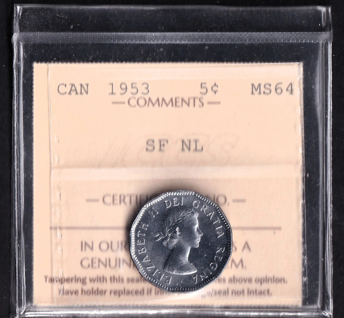 Canada 1953 Five Cent 5c Coin ICCS Graded MS-64 Shoulder Fold Near Leaf