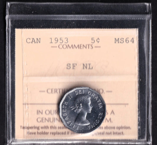 Canada 1953 Five Cent 5c Coin ICCS Graded MS-64 Shoulder Fold Near Leaf
