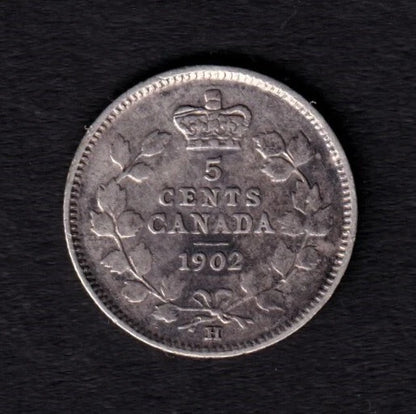 Canada 1902H 5c Five Cent Silver Coin King Edward VII F Fine .925