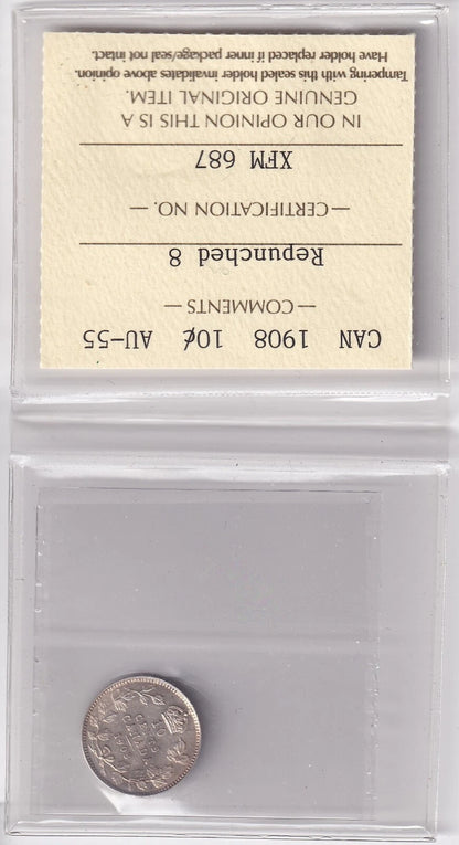 Canada 1908 10 Cent Ten Cent Coin ICCS Certified AU-55 Repunched 8 Rare