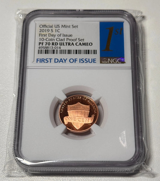 2019 S 1 Cent First Day Of Issue NGC PF 70 RD Ultra Cameo From 10-Coin Clad Set