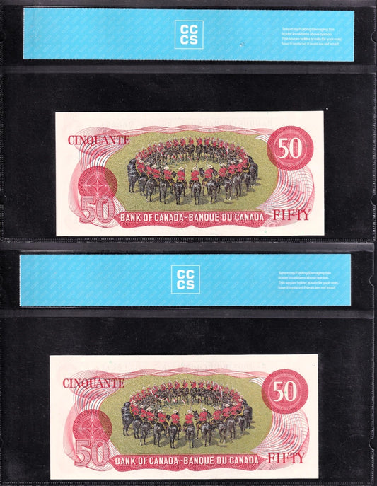 Canada 1975 $50 Fifty Dollar Two Consecutive Banknotes Lawson-Bouey CCCS Graded UNC64 - cscoinsnbanknotes