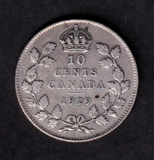 Canada 1929 10c Ten Cent Silver Coin King George V VG/F Very Fine .800 Silver