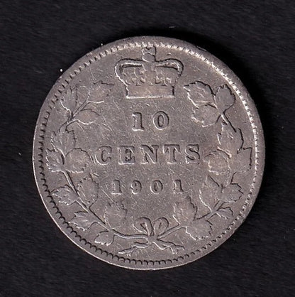 Canada 1901 10c Ten Cent Silver Coin Queen Victoria Very Good .925 Silver