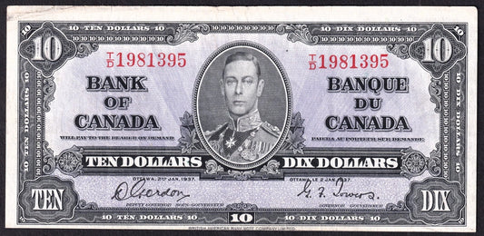 Canada 1937 $10 Ten Dollar Banknote Gordon - Towers BC-24b Very Fine-Extra Fine VF-EF - cscoinsnbanknotes