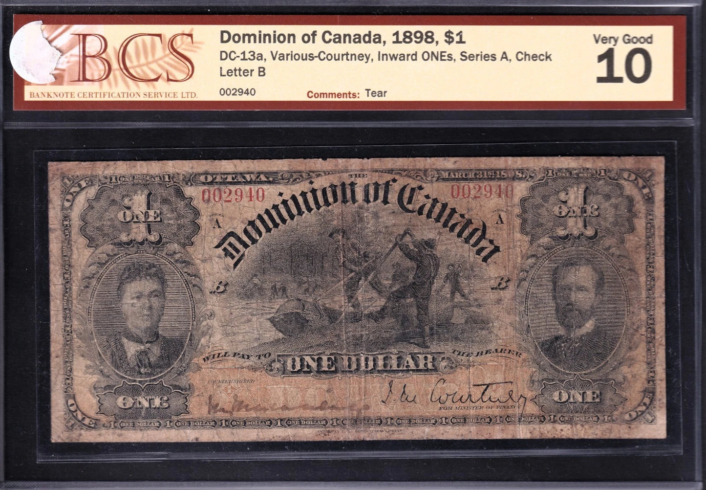 Dominion Of Canada 1898 $1 One Dollar Banknote BCS Graded VG10 Inward 1 Series A - cscoinsnbanknotes
