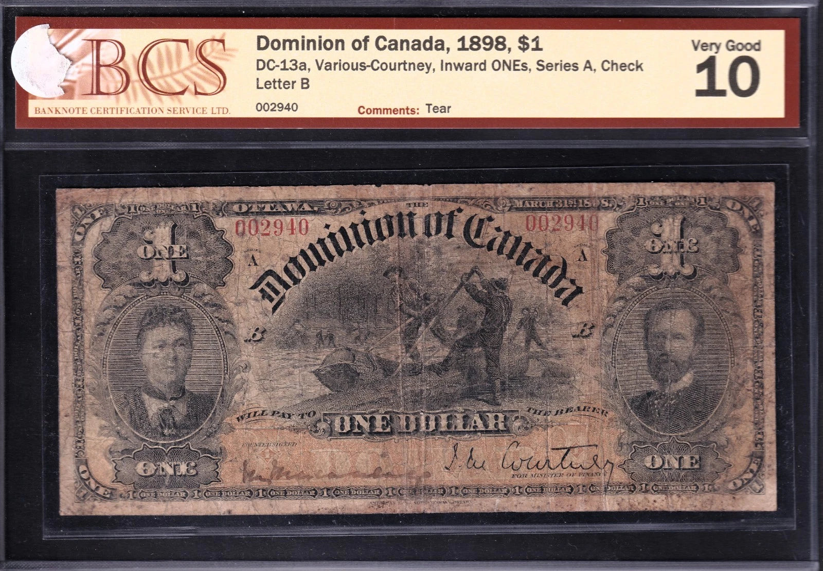 Dominion Of Canada 1898 $1 One Dollar Banknote BCS Graded VG10 Inward 1 Series A - cscoinsnbanknotes