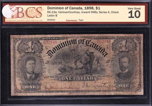 Dominion Of Canada 1898 $1 One Dollar Banknote BCS Graded VG10 Inward 1 Series A - cscoinsnbanknotes