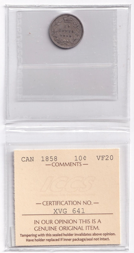 Canada 1858 Ten Cent 10c Silver Coin ICCS Graded Very Fine VF 20 .925 Silver - cscoinsnbanknotes