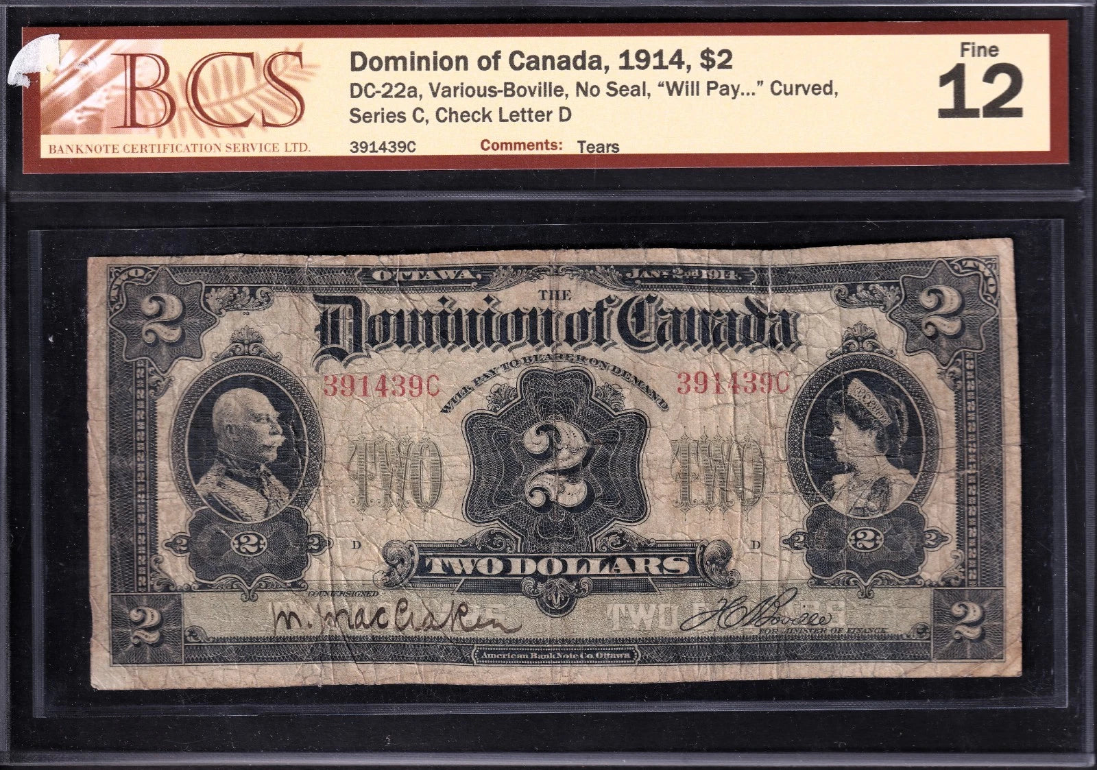 Dominion Of Canada 1914 $2 Two Dollar Banknote BCS Graded F12 No Seal Series C - cscoinsnbanknotes