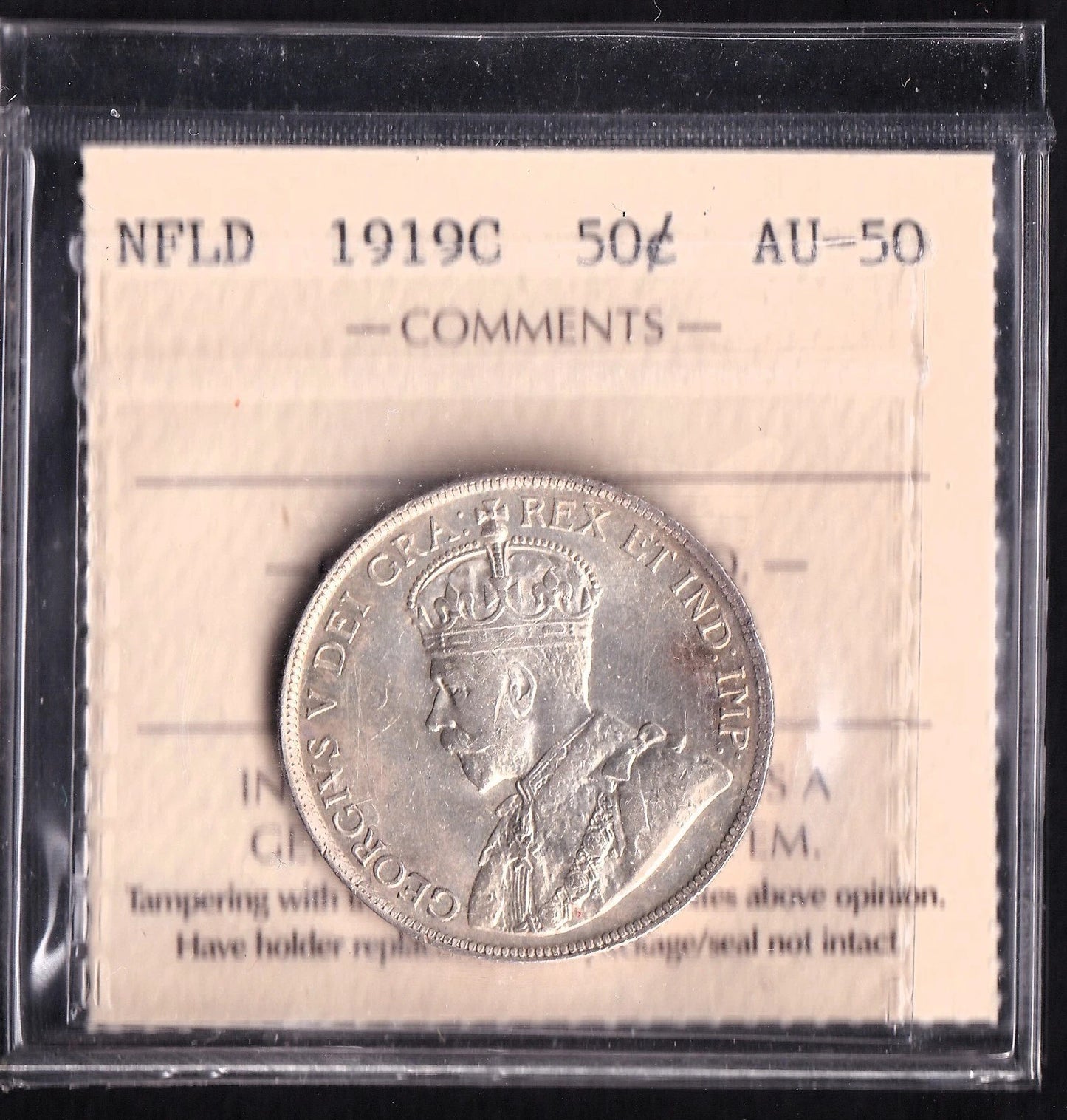 Newfoundland 1919c Fifty Cent 50c Coin ICCS Graded AU-50 Nice Grade