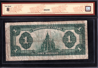 Dominion Of Canada 1923 $1 One Dollar Banknote BCS Graded VG 8 Red Seal Group 1 - cscoinsnbanknotes