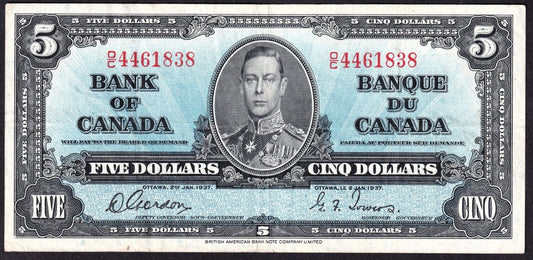 Canada 1937 $5 Five Dollar Banknote Gordon - Towers BC-23b Very Fine VF - cscoinsnbanknotes