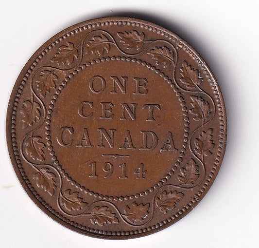 Canada 1914 Large One 1 Cent King Edward - Almost Uncirculated - cscoinsnbanknotes
