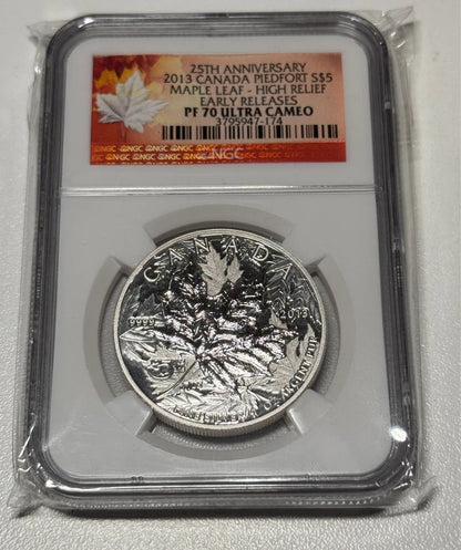 Canada 2013 Piedfort High Relief Mple Leaf Leaf $5 Silver Coin 25th Ann NGC PF70
