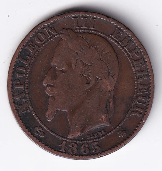 France 1865A 5c Five Centimes Bronze Coin Emperor Napoleon III Paris Mint - cscoinsnbanknotes