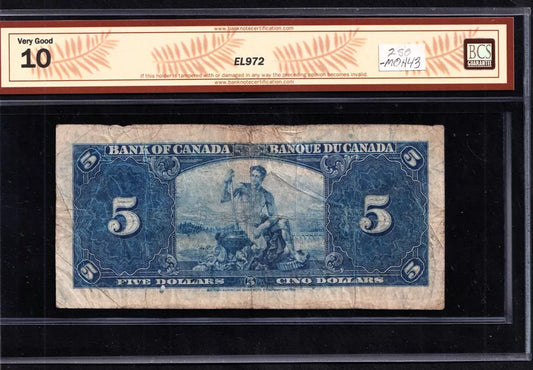 1937 Bank Of Canada $5 Five Dollar Banknote Osborne- Towers BCS VG - 10 - cscoinsnbanknotes