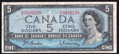 Canada 1954 $5 Five Dollar Banknote Beattie - Rasminsky BC-39b VF